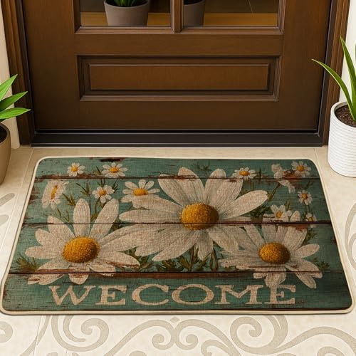 Tapete de crisantemo para puerta, diseño rústico de bienvenida, color verde, antideslizante, atrapasuciedad, para el hogar, interior, exterior, entrada, porche, decoración de 29 x 17 pulgadas