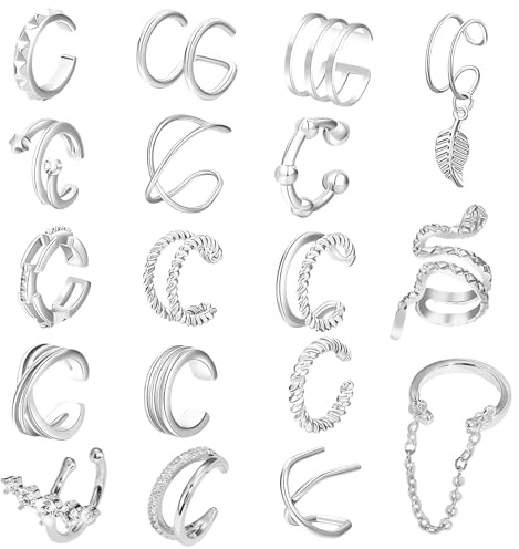 18 PCS Ear Cuff Argent Faux Piercing Oreille Acier Inoxydable Faux Percing Au Oreille Ear Cuff Acier Inoxydable Earcuff Femme Fausse Boucle D'oreille Femme Faux Cartilage Wrap Around Convient Fêtes
