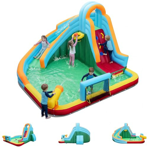 GOPLUS Chateau Gonflable Exterieur Enfant 3-12 Ans, Structure Gonflable avec Toboggan, Mur Escalade, Canon Eau, Panier Basket, But Football et Piscine Balles, Charge 90KG, sans Souffleur