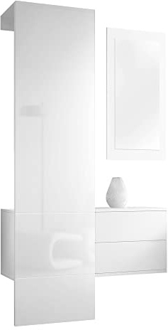 Vladon Garderobe Carlton Set 2, Made in Germany, Garderobenset bestehend aus 1 Garderobenpaneel, 1 Schubkastenschrank und 1 Wandspiegel, Weiß matt/Weiß Hochglanz (105 x 193 x 35 cm)