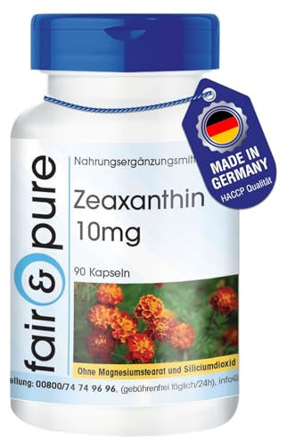 Fair & Pure Zeaxanthin 10mg, 90 Kapseln, aus 50mg Tagetesblüten-Extrakt, Nahrungsergänzungsmittel vegan ohne Magnesiumstearat, in Deutschland hergestellt
