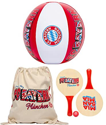 FC Bayern München Strandspiel 3er Set : Wasserball, Beach Tennis-Set mit Ball und Stoffbeutel FCB Beachball