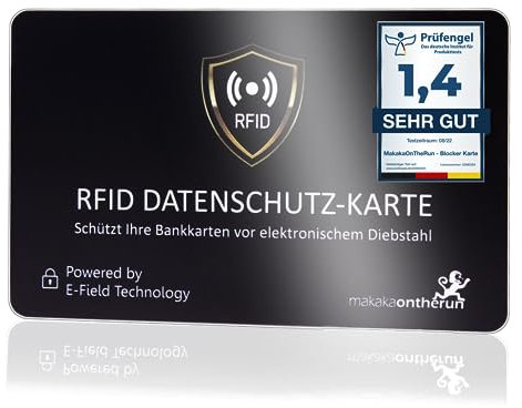 MakakaOnTheRun RFID Blocker Karte (3fach geprüft: DEKRA + EMV + HF-Labor) 360° Schutz Karte für Geldbörse - NFC Blocker Karte - Schutzkarte gegen Datenklau - RFID Blocker Card