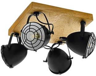 EGLO Deckenlampe Gatebeck, 4 flammige Deckenleuchte Vintage, Industrial | Retro, Deckenstrahler aus Stahl in Schwarz und Holz in Natur, Wohnzimmerlampe, Küchenlampe mit E14 Fassung