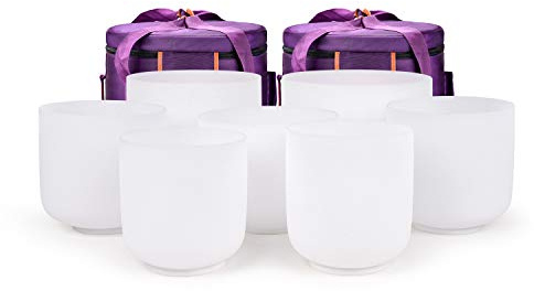 TOPFUND Chakra Set of 7 Crystal Singing Bowls 6-10 inch with Heavy Duty Carrying Cases and Singing Bowl Mallets