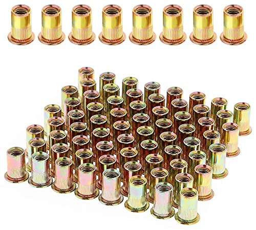 Gueenky 100 Pezzi Dadi Rivetti Filettati in Acciaio Carbonio Zincato, M6 Dadi Filettati a Testa Piatta, Assortimento Inserti Filettati Mobili in Legno (12 mm x 15 mm)