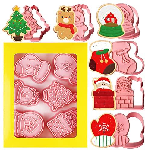 Leesgel Christmas Cookie Cutter for Baking, 6pcs 3D Pressable Embossed Pastry Cutter Shapes Biscuit Stamp for Christmas Cookie Decorating Kit Party Decorations Supplies