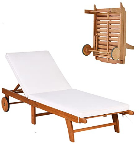 RELAX4LIFE Tumbona Plegable de Madera Eucalipto con 2 Ruedas y Respaldo Ajustable en 6 Alturas, Tumbona Jardín con Cojín Extraíble para Balcón y Terraza, Carga 160kg, 195x68x30-90cm, Beige (1 Pieza)