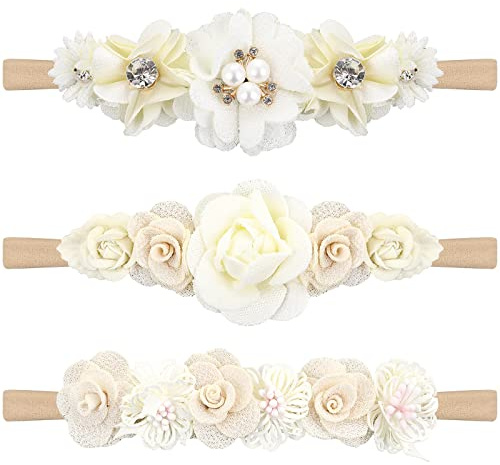 Baby Headbands Set of 3 - Soft Elastic Floral Head Wraps for Newborn Girl & Infant, Gentle Stretchy Hair Bows & Boho Headband for Toddler, Newborn Photoshoot & Baby Shower Accessories