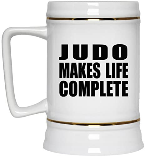 Designsify Gifts, Judo Makes Life Complete, 22oz Beer Stein Ceramic Tankard Mug with Handle for Freezer - for Birthday Anniversary Christmas Mothers Day Fathers Day Party, to Men Women Him Her
