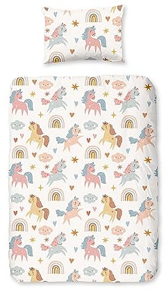 Aminata kids Kinderbettwäsche 100x135 Mädchen Einhorn rosa Baumwolle mit YKK Reißverschluss Kinder-Wende-Bettwäsche-Set Tier-Motiv Einhörner Pferde-Motiv mit Regenbogen Unicorn