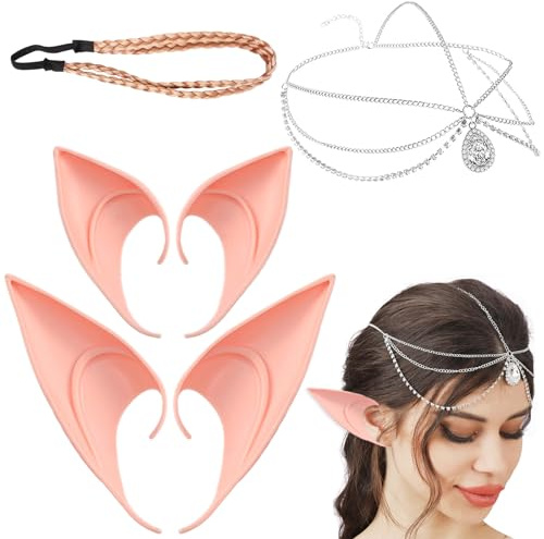 Tuofang 4PCS Elf Ears, Elfenohren Damen aus Latex, Cosplay Elfen Ohrenmit Kristall Kopfschmuck und Haarband, Elfen Kostüm für Halloween Maskerade Karneval