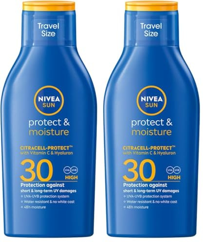 NIVEA SUN Protección y Cuidado de la Leche solar SPF 30 tamaño de viaje (100 ml), protector solar para 48 h de humedad, protección solar instantánea contra los rayos UVA/UVB (Paquete de 2)
