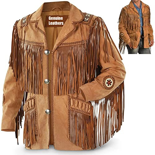 Chaqueta vaquera tradicional de cowboy para hombre Fami Sports, de ante con flecos y perlas, chaqueta estilo indio, marrón, 4XL