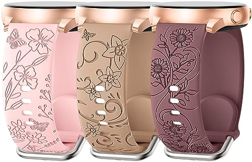AMSKY 3 Stück Floral Gravierte Armband Kompatibel mit Samsung Galaxy Watch 7/6/5/4 40mm 44mm, Watch 6/4 Classic 43mm 47mm 42mm 46mm, 5 Pro 45mm, 3 41mm, FE 40mm, 20mm Silikon Armbänder für Damen