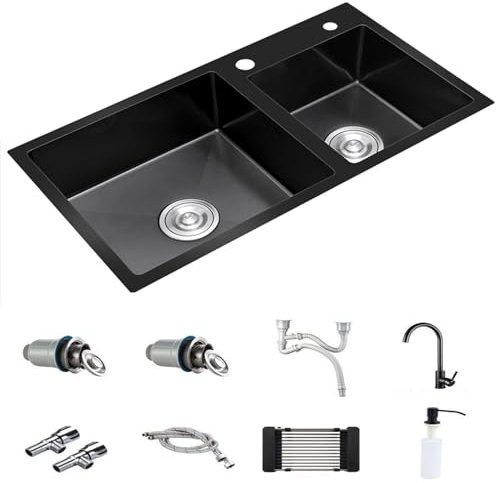 Fregadero Cocina, Fregadero Cocina 2 Seno Con Escurridor , Fregadero Negro, Fregadero Bajo Encimera Con Drenaje Empotrable, Para Cocina, Bar, Restaurante, Garaje, Jardín, Hogar ( Size : 72*40cm A )