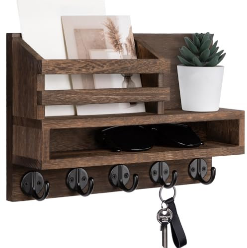 Lucundm Schlüssel- und Briefhalter, Wandhalterung, vielseitiger Holz-Wand-Organizer mit 5 Schlüsselhaken, Heimdekoration für Eingangsbereich, Flur (30 x 20 x 7,9 cm) (braun)