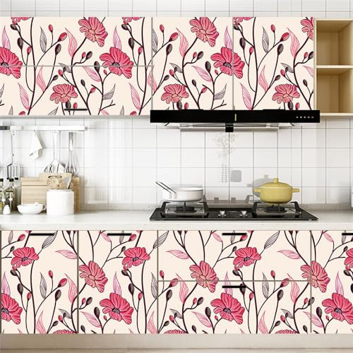 Selbstklebende Tapete Beige Rote Blume Strukturtapete Wandtattoo Schlafzimmer Tapete Selbstklebend Vliestapete Wallpaper for Living Room Tapeten Leicht zu Entfernen Wandschutzfolie 40x100cm/2 Pcs