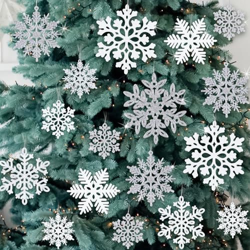 Weihnachtsschmuck, Schneeflocken-Dekorationen, Weiß und Silber, Glitzer, Weihnachtsschmuck, hängende Schneeflocken für Winter, Weihnachtsbaum, Wand, Decke, Fenster, Ornamente, 49 Stück