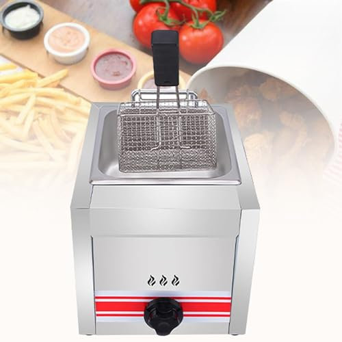 LSHFYV Friteuse Gaz Professionnelle, Friteuse Commerciale en Acier Inoxydable avec Couvercle Thermostat De Sécurité Friteuse, Réglage Manuel De La Température Facile à Nettoyer,Singlecylinder10l