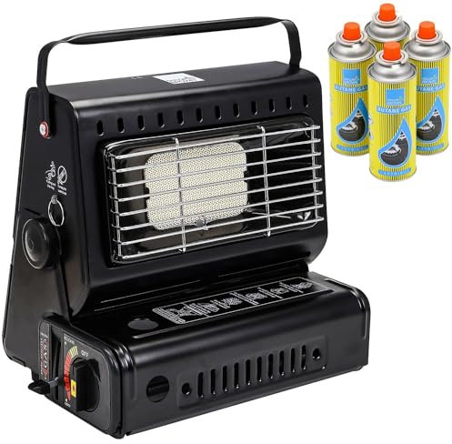 Black Portable Gas Heater Outdoor Fishing Camping 1.3kW Butane Gas Heater - Compact And Lightweight Ceramic Burner - Auto Ignition and Heat Control and Safety Grill (Heater + 4 Canisters)