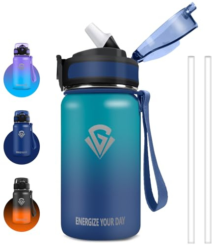 Grsta Gourde Isotherme, 500ml Gourde Enfant, Gourd Paille Garçons & Filles, Gourd Inox Sans BPA, Facile à Nettoyer, Gourdes Reutilisable Anti-Fuite, Gourdes Sport pour Running, École, Bureau, Foot