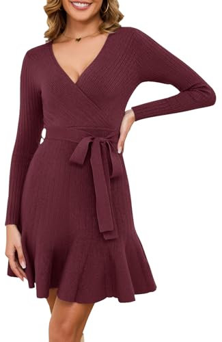 Arach&Cloz Jumper Dress for Women UK V Neck Winter Knitted Wrap Dress Christmas Long Sleeve Casual Party Dress with Belt (Red,Medium)