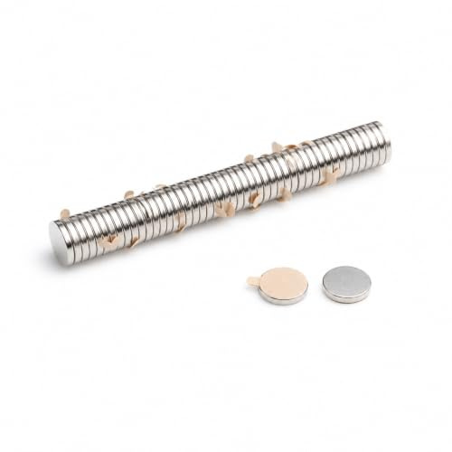 Top Magnetisy – 50 stycken neodymmagneter 10 x 1,5 mm N38, självhäftande med 3 m självhäftande dyna – extra stark vidhäftningsförmåga, förnicklad, för verkstad, modellbygge och gör-det-själv