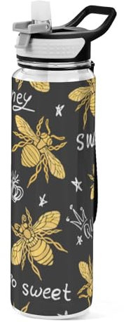Mnsruu Transparente Sport-Wasserflasche mit Strohhalm, auslaufsichere Trinkflasche, Golden Bee Queen Crown Muster, Fahrradflaschen für Sport, Büro, Schule, BPA-freier Tritan-Kunststoff, 1 Liter