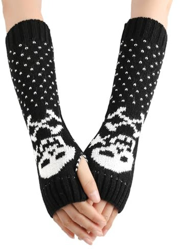 DINSOAVR Handschuhe, gestrickte Totenkopf-Muster, fingerlose Handschuhe, Winter, Halbfinger, dehnbar, hält warm, Armwärmer, Handschuhe für Mädchen und Teenager, Schwarz , 30x9cm