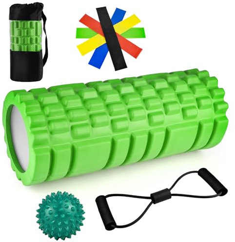 Pilates Rolle 9 in 1 Faszienrolle Wirbelsäule Set Foam Roller Rücken Massagerolle Massage Fitnessrolle Nacken Hals Schulter Soft Anfänger Zubehör Physiotherapie mit Faszienball für Füße 33x14cm Grün