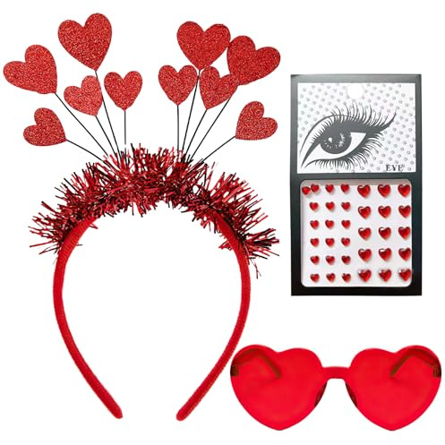 HFMYGS Rot Stirnband Glitzer Herz Brille Partybrille, Rot Herzen Aufkleber Kopfbedeckung Accessoires, Herzen Haarreifen Kinder Mädchen, Haarschmuck Für Valentinstag Hochzeit Geburtstag Festival Party