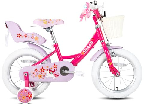 STITCH Einhorn 16 Zoll Kinder Fahrrad für 5-7 Jahre Mädchen mit Puppe Fahrradsitz & Stützrädern &Korb & Streamer, lila