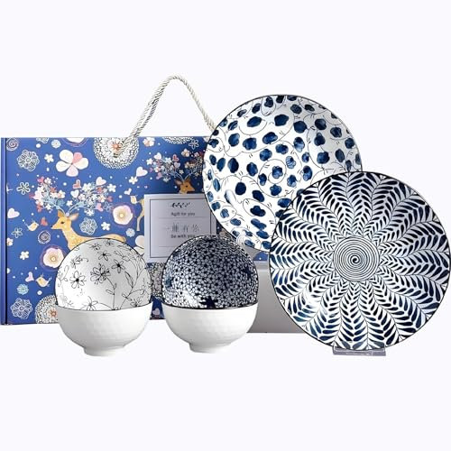 AmiCera Dinner Set-Plates and Bowls Set-Blue and White Porcelain Crockery Set-Tableware Gift Set-Chinese Japanese Dinnerware Set-20 cm/7.8 inches Dinner Plates for 2 and 300 ml Cereal Bowl for 4