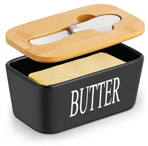 Ceramic Butter Dish with Wooden Lid, Porcelain Butter Dish Container with Air-Tight Seal Lid and Stainless Steel Butter Knife - Large Butter Container Porcelain for Butter , Cheese , Storage