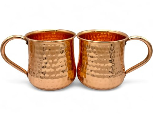 Wooden Baker Tazas de cobre 100 % puro, hechas a mano, martilladas con asas de cobre, 473 ml, sin laca en el interior para un sabor y calidad auténticos, juego de dos