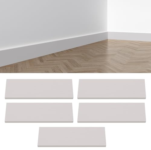 Lot de 5 plinthes décoratives en PVC 3D - 45 x 12 cm - Aspect grain de bois moderne - Revêtement de sol DIY - Découpable - Décoration de maison (blanc)