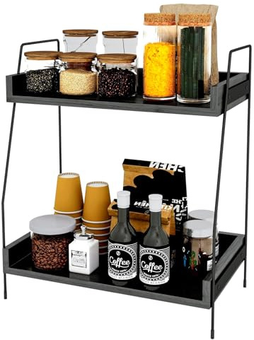 Coffee Station Organizer 2 Tier Coffee Bar Accessories Organiser Wooden Kitchen Counter Shelf Coffee and Tea Station Organizer Standing Coffee Station for Kitchen Home Office (Black)