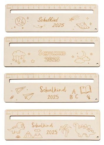 PangWuu 4 Stück Personalisiertes Lineal Für Schulanfang, Lesehilfe Kinder, 6 cm x 18 cm Holzlineal Mit 2025 Motiv, Kreatives Geschenk Zur Einschulung