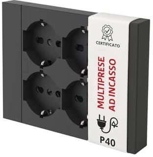 OWIJI Multipresa da Incasso Quadra 4 Posti Universali P40 Nera Compatibile Muratura Cartongesso Spine Standard Italiano Tedesca Cablaggio Rapido Presa Multipla Salvaspazio Adattatore