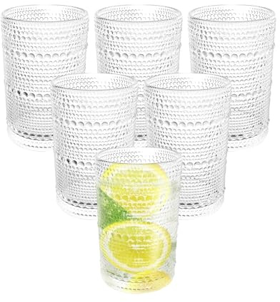 Henrrida Drinking Glasses Set of 6, 400 Ml Glass Coffee Mugs, Glassware Set for Cocktails, Fruit Juices, Tea, Coffee, Cappuccino, Clear Dotted Glass Cup, Stackable Drinking Glasses