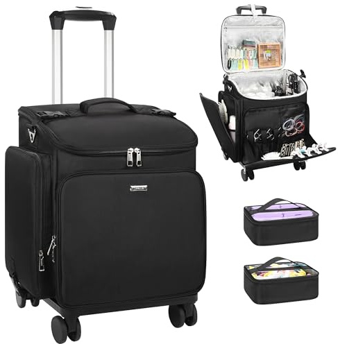 Relavel Rolling Makeup Case, Hair Tools Travel Bag Cosmetology Case on Wheels with 2 Clear Bags, Professional Hairstylist Bag Makeup Artist Storage Train Case Barber Organizer with 360° Spinner Wheels