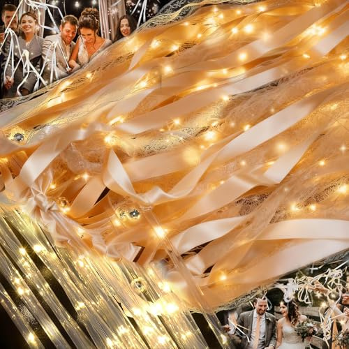 AioAuiy 30 Pcs Wedding Wands Ribbon Streamers , Light up Wands for Wedding with 3 Flashing Modes, LED Silk Fairy Wand with Bells for Weddings, Thanksgiving, Concert, Family Gatherings