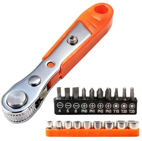 Mini Ratchet Set, Right Angle Magnetic Screwdriver, Compact 1/4 Inch Drive Magnetic Screwdriver for Tight Spaces, High Torque Reversible Offset Wrench with Bits Set and Socket