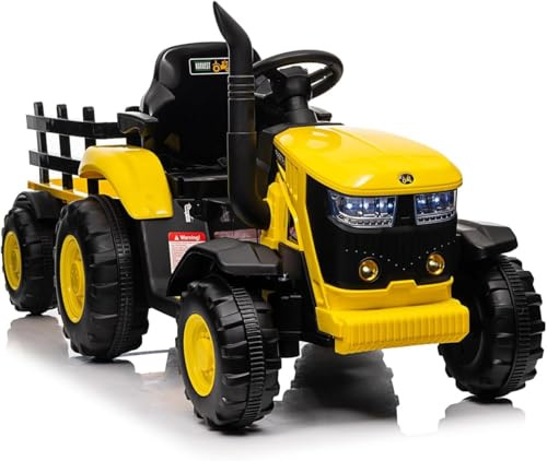 Aptliton Kids Ride on Tractor with Detachable Trailer, 12v Battery Powered Electric Tractor 7 LED Lights with Remote Control, Dual Motors, Horn, Music USB, Ride on Toy Car for Ages 3+