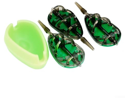 Juego de jaula de cebo de pesca, 30 g/40 g/50 g, comederos de señuelo con bandejas de almacenamiento de cebo para pesca de carpa, diseño de liberación de molde de metal verde y plástico