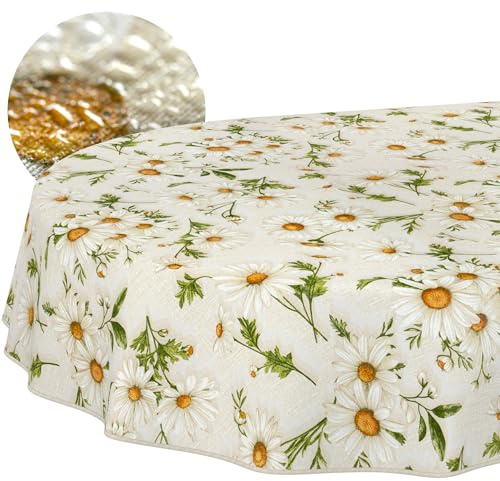 ANRO Tischdecke abwaschbar Margeriten Weiß mit Saum oval 180x140 cm | mit Saum eingefasst – waschbar bei 30 °C – ideal für Garten, Terrasse & Esszimmer – Gartentischdecke wetterfest