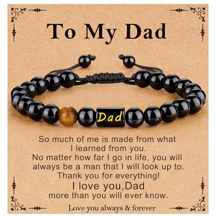 Fathers Day Bracelet Gifts,Dad Papa Grandad New Dad Bracelet Presents from Daughter Son Granddaughter Grandson Personalised Jewellery Birthday Gifts for Men Him 8mm Natural Stone Bead 8+3 Inches