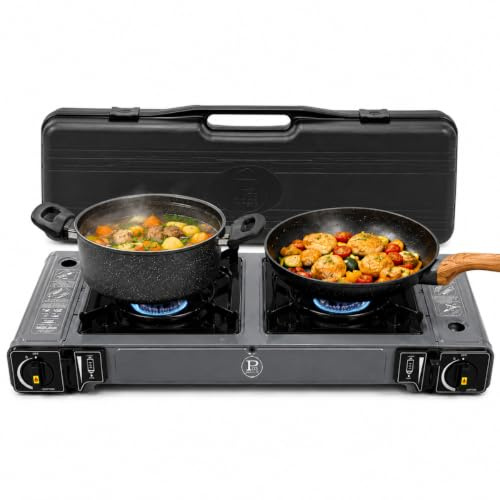 INTEC - Réchaud à Gaz Portable 2 Feu 3800W Allumage Facile Piezo Sécurisé Cartouche gaz Butane – Idéal Réchaud Camping, Van & Cuisine Extérieure