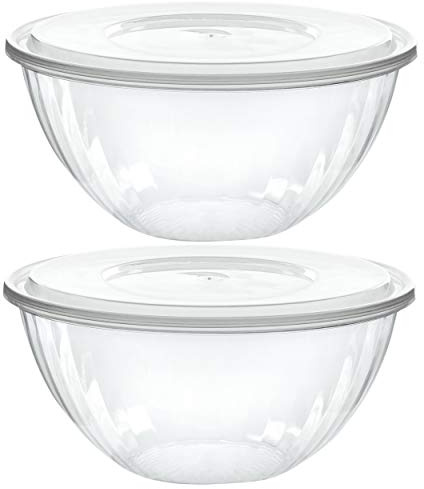 PLASTICPRO Disposable 48 Ounce Round Crystal Clear Plastic Serving Bowls With Lids, Party Snack or Salad Bowl, Chip Bowls, Snack Bowls, Candy Dish, Salad Container Pack of 2